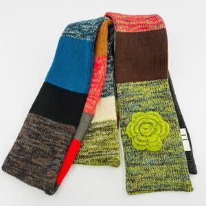 Lele Knits Rosette Striped Scarf Cotton Linen Lagenlook Hand Knit